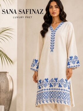 Sana Safinaz Tunic M Cream Blue Embroidered Cotton Kurta Pakistani Designer C8